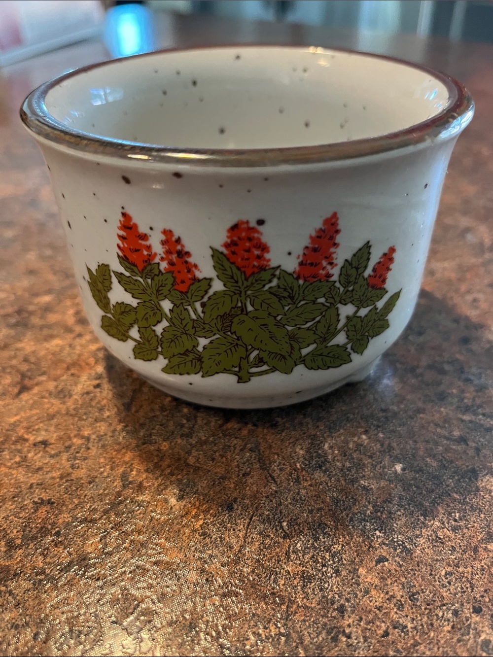 Takahashi Japan 70s vintage orange floral herb speckled bowl cup footed no hole
